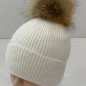 Knit Beanie Hat with Real Fox Fur Pom